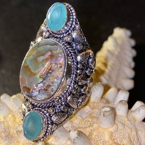 Abalone + Blue Chalcedony bohemian vintage ring